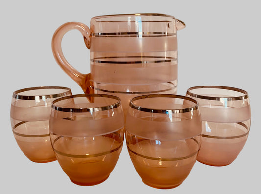 Vintage Pink Glass Jug And 4 Glasses