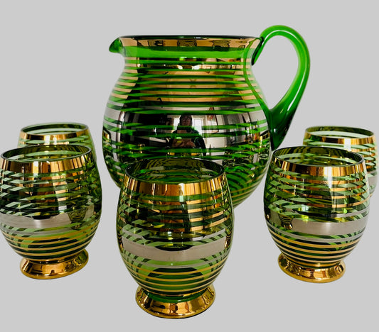 Czech Green Glass Jug And 5 Glasses