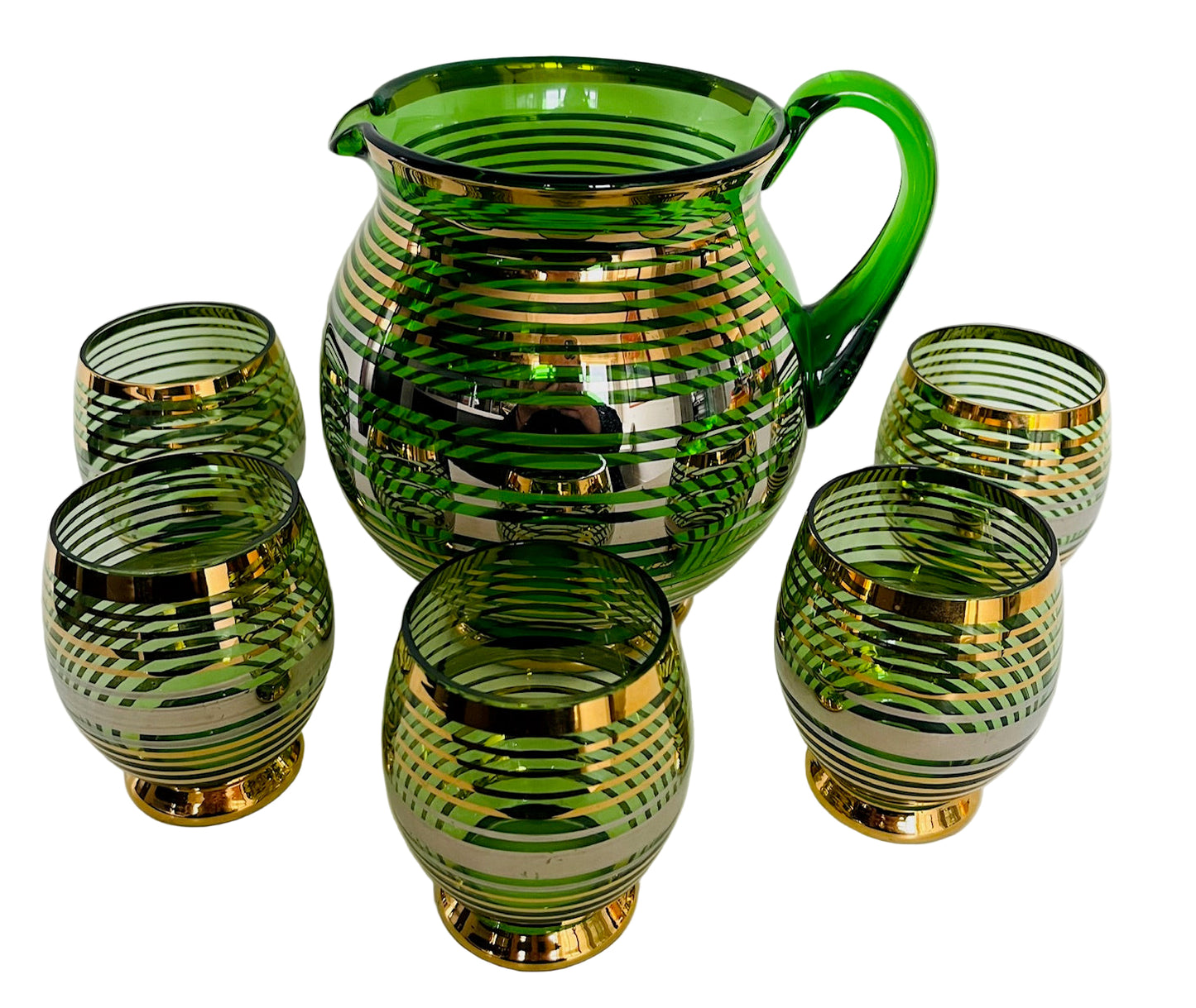 Czech Green Glass Jug And 5 Glasses
