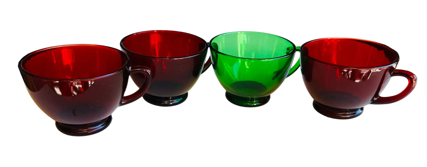 Anchor Hocking Cups 3 Royal Ruby Red and 1 Forest Green Teacups
