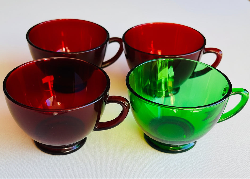 Anchor Hocking Cups 3 Royal Ruby Red and 1 Forest Green Teacups