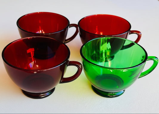 Anchor Hocking Cups 3 Royal Ruby Red and 1 Forest Green Teacups