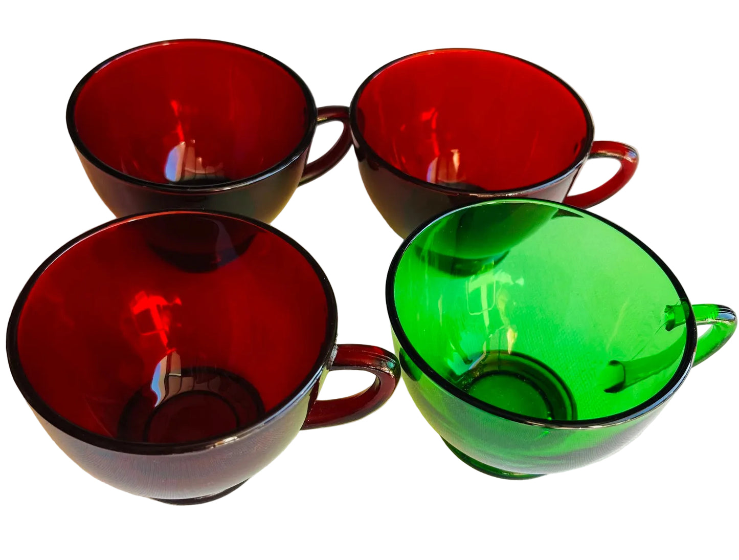 Anchor Hocking Cups 3 Royal Ruby Red and 1 Forest Green Teacups