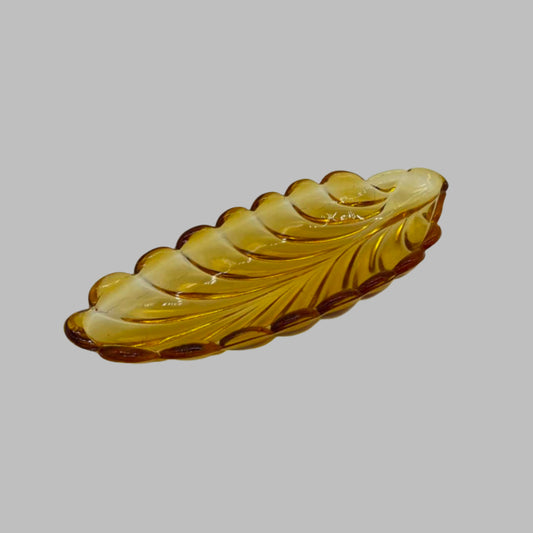 Large Leaf Shaped Amber Glass Dish