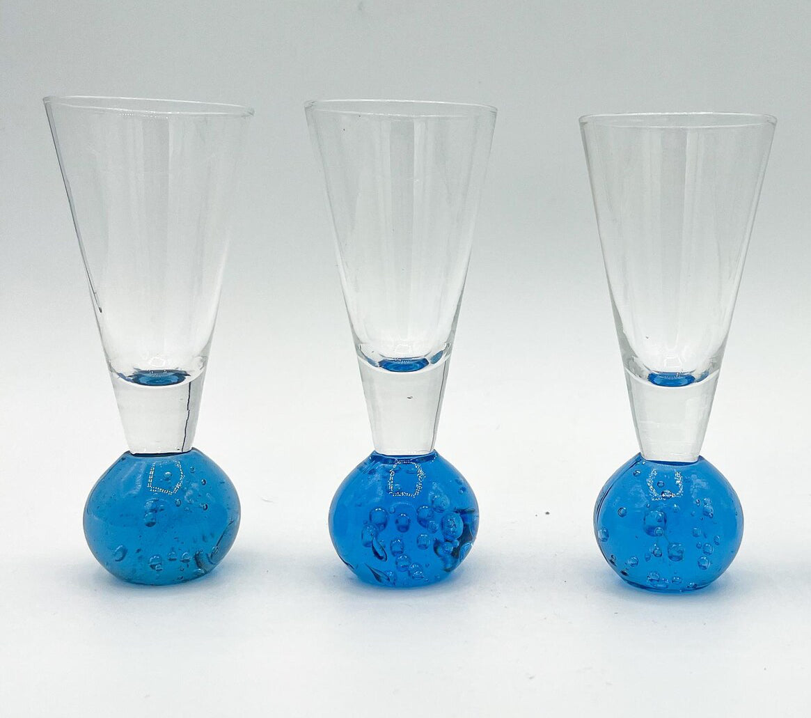 Mid-Century Blue Bubble Base Shot Glasses